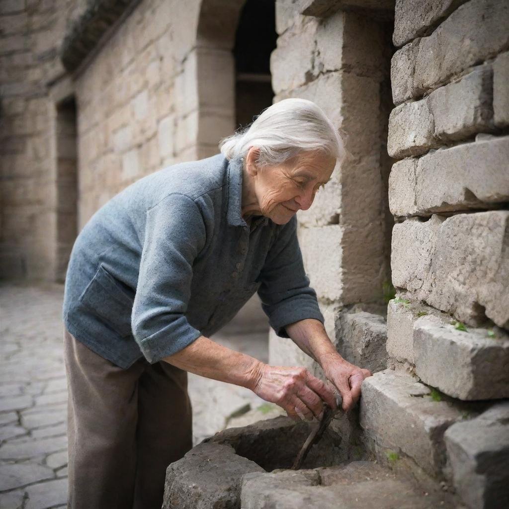 An elderly woman laboring within the stone walls of a majestic castle. Her aging hands deftly carry out her tasks—her role signifying her unwavering dedication to her work.