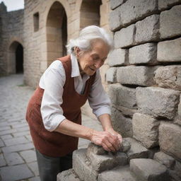 An elderly woman laboring within the stone walls of a majestic castle. Her aging hands deftly carry out her tasks—her role signifying her unwavering dedication to her work.