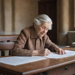 An elderly woman working diligently in a grand castle. The castle's grandeur contrasts with her modest attire, yet her stern face reflects a spirit unyielded by the weight of time. 