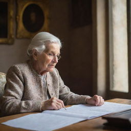 An elderly woman working diligently in a grand castle. The castle's grandeur contrasts with her modest attire, yet her stern face reflects a spirit unyielded by the weight of time. 