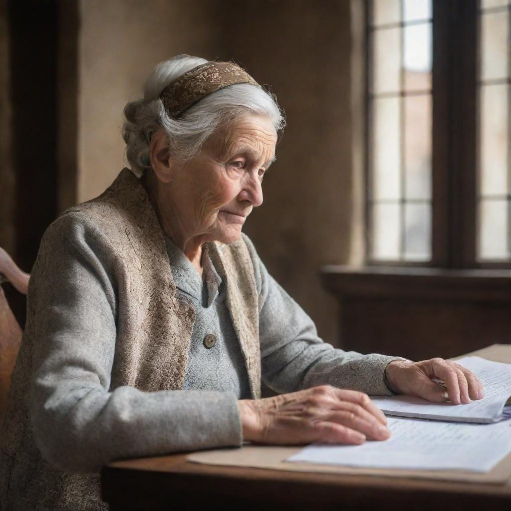 An elderly woman working diligently in a grand castle. The castle's grandeur contrasts with her modest attire, yet her stern face reflects a spirit unyielded by the weight of time. 