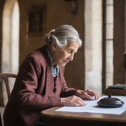 An elderly woman working diligently in a grand castle. The castle's grandeur contrasts with her modest attire, yet her stern face reflects a spirit unyielded by the weight of time. 