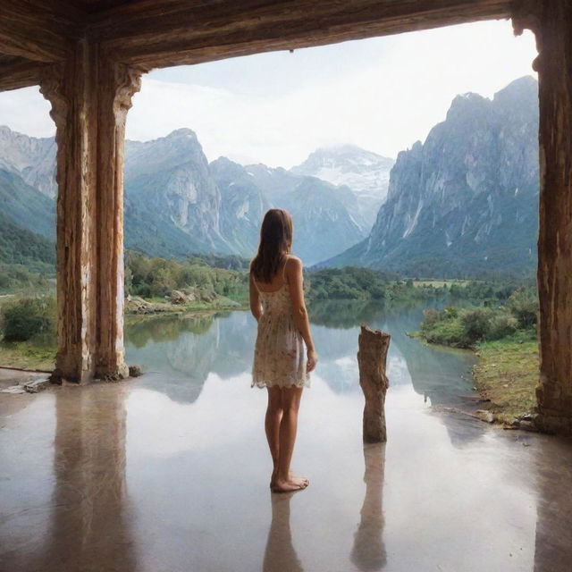 A girl standing in front of a mirror situated in a breathtakingly beautiful location, with the scenery reflecting in the mirror.