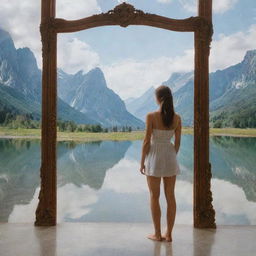 A girl standing in front of a mirror situated in a breathtakingly beautiful location, with the scenery reflecting in the mirror.