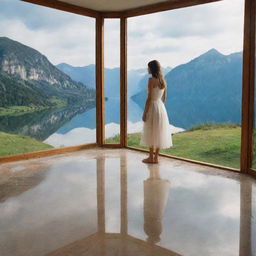 A girl standing in front of a mirror situated in a breathtakingly beautiful location, with the scenery reflecting in the mirror.