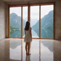 A girl standing in front of a mirror situated in a breathtakingly beautiful location, with the scenery reflecting in the mirror.