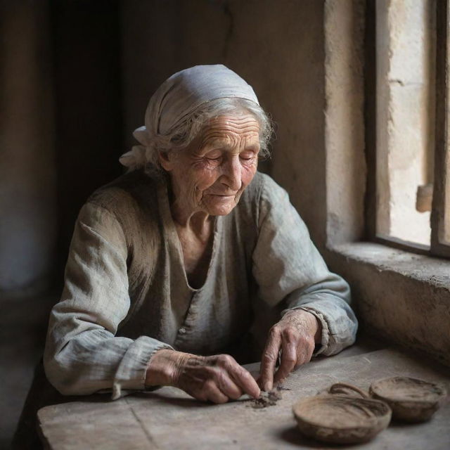 An old, poor woman hard at work in a grand castle. Despite her humble clothes and weathered hands, her resilience and dedication shine through every task she manages.