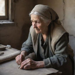 An old, poor woman hard at work in a grand castle. Despite her humble clothes and weathered hands, her resilience and dedication shine through every task she manages.