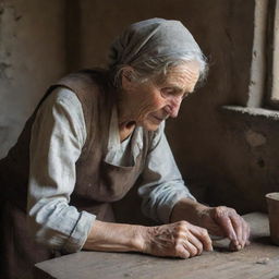 An old, poor woman hard at work in a grand castle. Despite her humble clothes and weathered hands, her resilience and dedication shine through every task she manages.