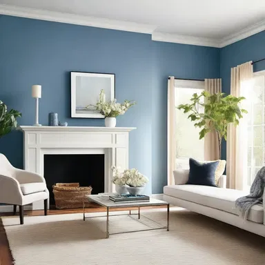 The blue-eyed paint color on the walls brings a touch of serenity to this modern living room.