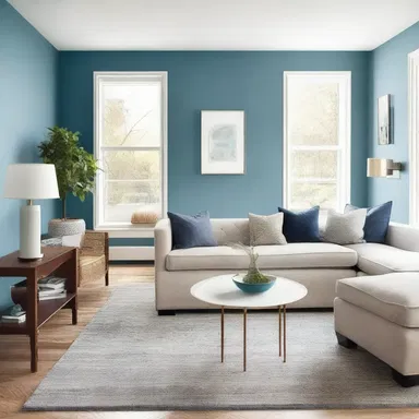 The blue-eyed paint color on the walls brings a touch of serenity to this modern living room.