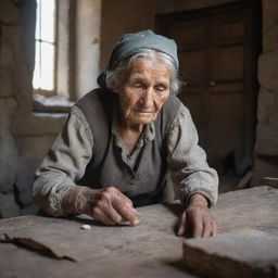 An old, poor woman hard at work in a grand castle. Despite her humble clothes and weathered hands, her resilience and dedication shine through every task she manages.