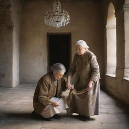 An elderly, impoverished woman laboring in a majestic castle. Her modest appearance contrasts the opulence around her, yet her determined demeanor echoes the castle's grandeur.