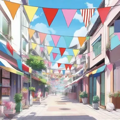 In the anime series, the main characters often participate in festive events where streets are adorned with vibrant bunting.