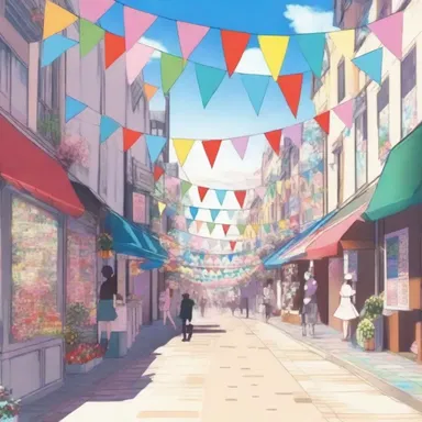In the anime series, the main characters often participate in festive events where streets are adorned with vibrant bunting.