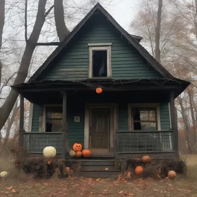 The haunted house was decorated for Halloween with tattered bunting that added a creepy atmosphere to the spooky setting.