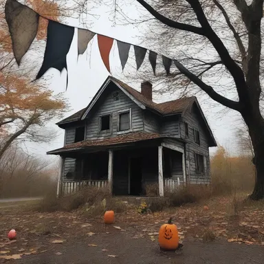 The haunted house was decorated for Halloween with tattered bunting that added a creepy atmosphere to the spooky setting.