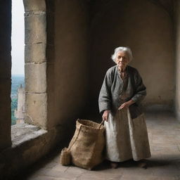 An elderly, impoverished woman laboring in a majestic castle. Her modest appearance contrasts the opulence around her, yet her determined demeanor echoes the castle's grandeur.