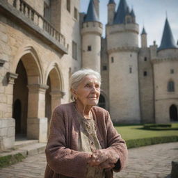 An elderly, impoverished woman laboring in a majestic castle. Her modest appearance contrasts the opulence around her, yet her determined demeanor echoes the castle's grandeur.