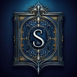 Craft a logo depicting a magic book on a rich blue background, with an ornate, silver 'S' emblazoned on the cover.