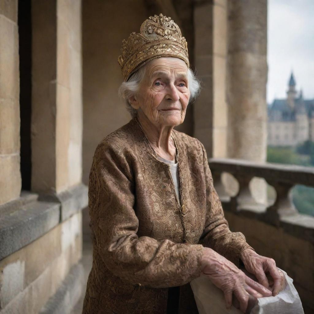 An elderly, impoverished woman laboring in a majestic castle. Her modest appearance contrasts the opulence around her, yet her determined demeanor echoes the castle's grandeur.