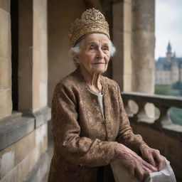 An elderly, impoverished woman laboring in a majestic castle. Her modest appearance contrasts the opulence around her, yet her determined demeanor echoes the castle's grandeur.