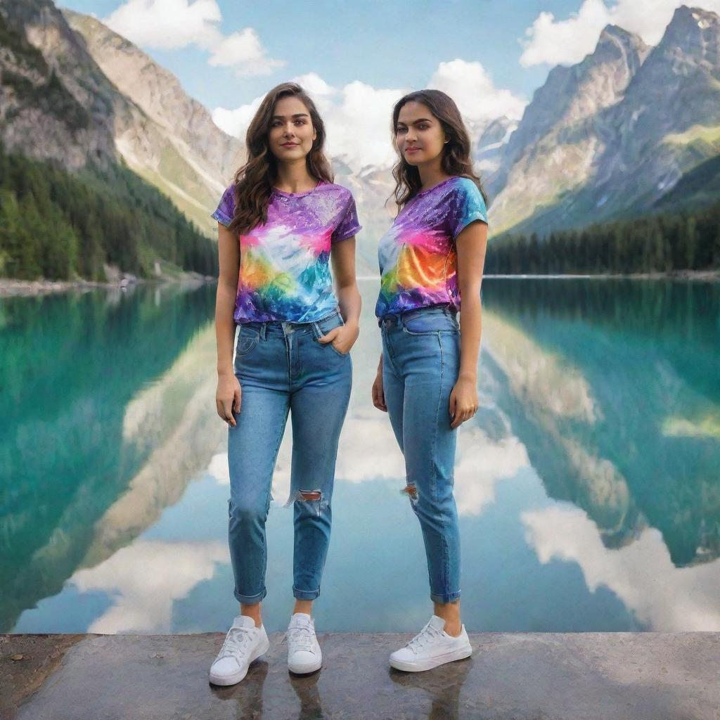 A girl standing in front of a mirror situated in a breathtakingly beautiful location, the scenery reflecting in the mirror. She wears a vibrant, colorful shirt and casual sneakers.