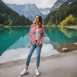 A girl standing in front of a mirror situated in a breathtakingly beautiful location, the scenery reflecting in the mirror. She wears a vibrant, colorful shirt and casual sneakers.