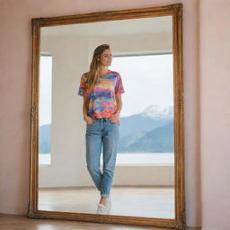 A girl standing in front of a mirror situated in a breathtakingly beautiful location, the scenery reflecting in the mirror. She wears a vibrant, colorful shirt and casual sneakers.