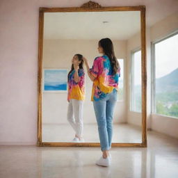 A girl standing in front of a mirror situated in a breathtakingly beautiful location, the scenery reflecting in the mirror. She wears a vibrant, colorful shirt and casual sneakers.