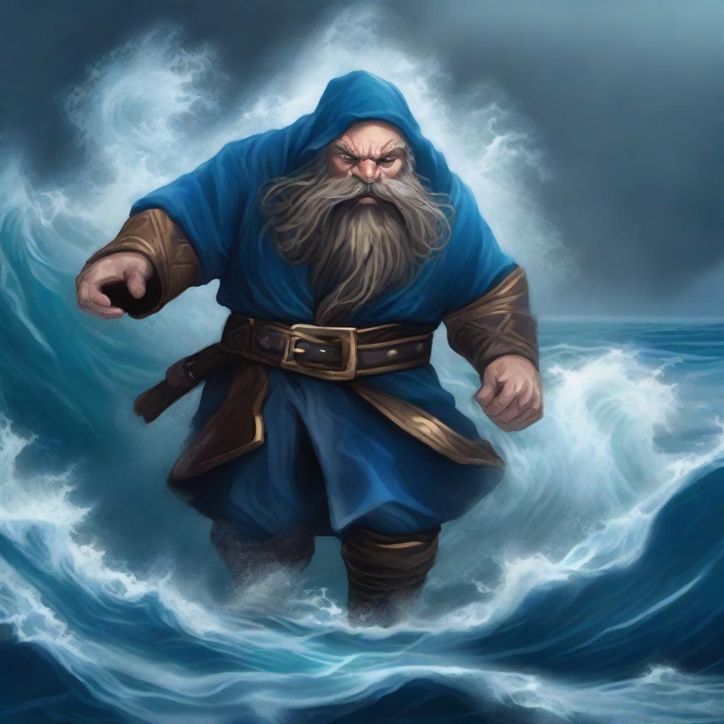 Depict a high-quality digital art of a fantasy scene, where a dwarf sorcerer, donned in a blue breastplate, is seen succumbing to the depths of a tumultuous ocean