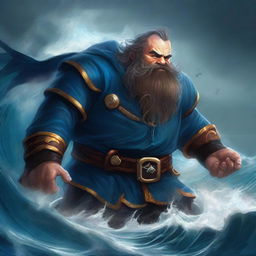 Depict a high-quality digital art of a fantasy scene, where a dwarf sorcerer, donned in a blue breastplate, is seen succumbing to the depths of a tumultuous ocean