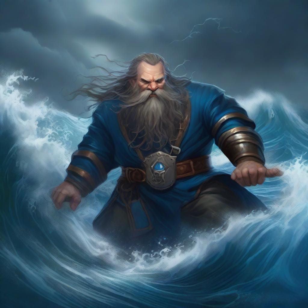 Depict a high-quality digital art of a fantasy scene, where a dwarf sorcerer, donned in a blue breastplate, is seen succumbing to the depths of a tumultuous ocean