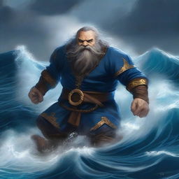 Depict a high-quality digital art of a fantasy scene, where a dwarf sorcerer, donned in a blue breastplate, is seen succumbing to the depths of a tumultuous ocean