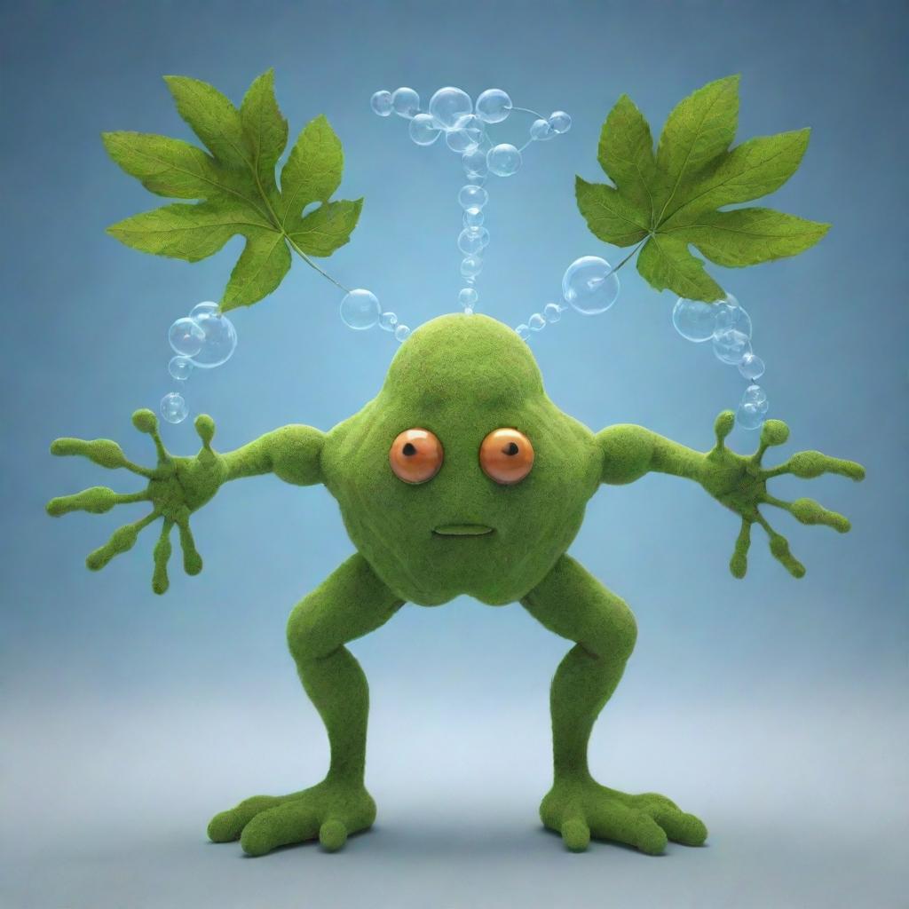 Generate an image featuring imaginary creatures made up of molecules involved in photosynthesis. The creatures should represent elements like sunlight, water, carbon dioxide and oxygen, and depict a cycle of photosynthesis.