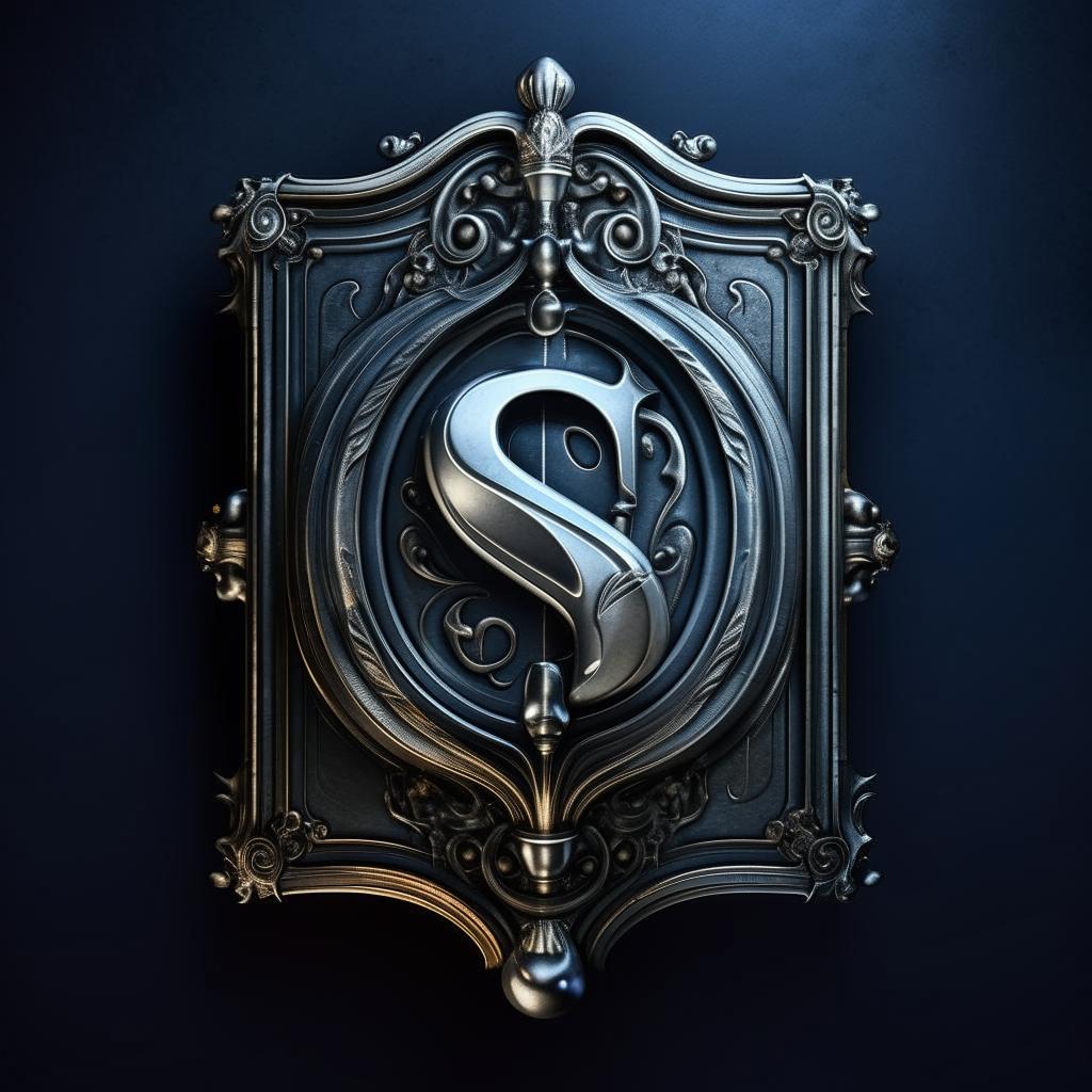 Craft a logo depicting a magic book on a rich blue background, with an ornate, silver 'S' emblazoned on the cover.