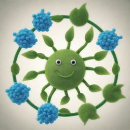 Generate an image featuring imaginary creatures made up of molecules involved in photosynthesis. The creatures should represent elements like sunlight, water, carbon dioxide and oxygen, and depict a cycle of photosynthesis.