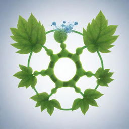 Generate an image featuring imaginary creatures made up of molecules involved in photosynthesis. The creatures should represent elements like sunlight, water, carbon dioxide and oxygen, and depict a cycle of photosynthesis.