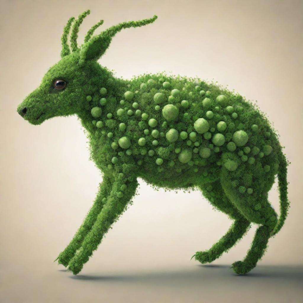 Create an image of fantastical creatures made of molecules that participate in photosynthesis. The creatures should symbolize sunlight, water, carbon dioxide, and oxygen, creating a unique visualization of the photosynthesis process.