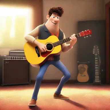 In the animated film, the character tuned up his guitar before performing on stage.