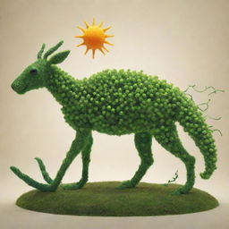 Create an image of fantastical creatures made of molecules that participate in photosynthesis. The creatures should symbolize sunlight, water, carbon dioxide, and oxygen, creating a unique visualization of the photosynthesis process.