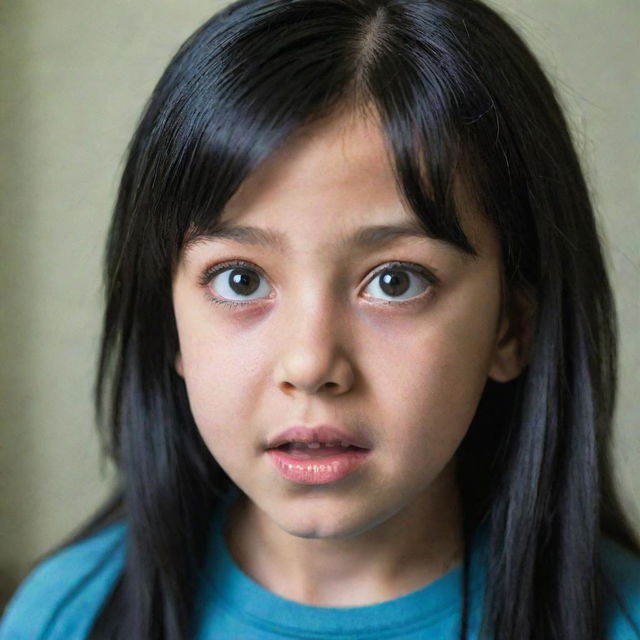 A 10-year-old scared girl with black hair