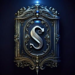 Craft a logo depicting a magic book on a rich blue background, with an ornate, silver 'S' emblazoned on the cover.