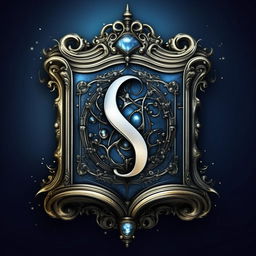 Craft a logo depicting a magic book on a rich blue background, with an ornate, silver 'S' emblazoned on the cover.