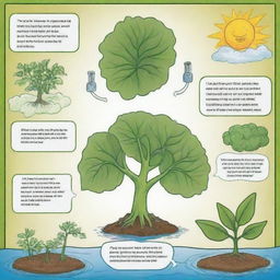 Create a comic strip illustrating the process of photosynthesis using fictional creatures made of molecules involved in the process. The creatures should personify sunlight, water, carbon dioxide and oxygen, showing the cycle of photosynthesis in an imaginative way.