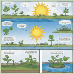 Create a comic strip illustrating the process of photosynthesis using fictional creatures made of molecules involved in the process. The creatures should personify sunlight, water, carbon dioxide and oxygen, showing the cycle of photosynthesis in an imaginative way.