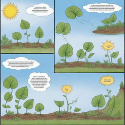 Create a comic strip illustrating the process of photosynthesis using fictional creatures made of molecules involved in the process. The creatures should personify sunlight, water, carbon dioxide and oxygen, showing the cycle of photosynthesis in an imaginative way.