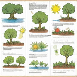 Create a comic strip illustrating the process of photosynthesis using fictional creatures made of molecules involved in the process. The creatures should personify sunlight, water, carbon dioxide and oxygen, showing the cycle of photosynthesis in an imaginative way.