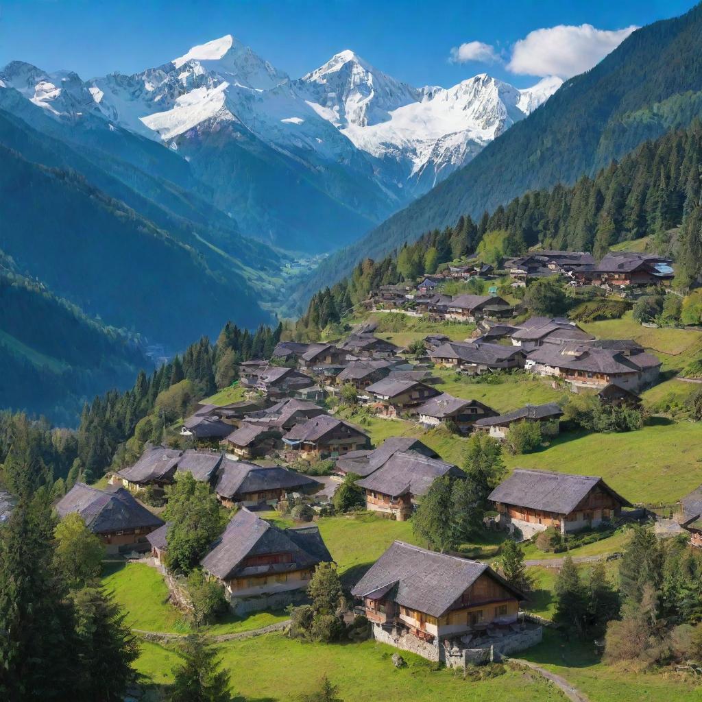 A picturesque village nestled in the midst of a dense green forest, with snow-capped mountains visible in the background under a serene blue sky.