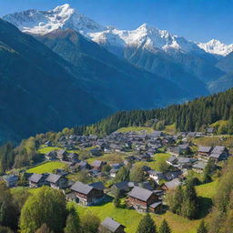 A picturesque village nestled in the midst of a dense green forest, with snow-capped mountains visible in the background under a serene blue sky.